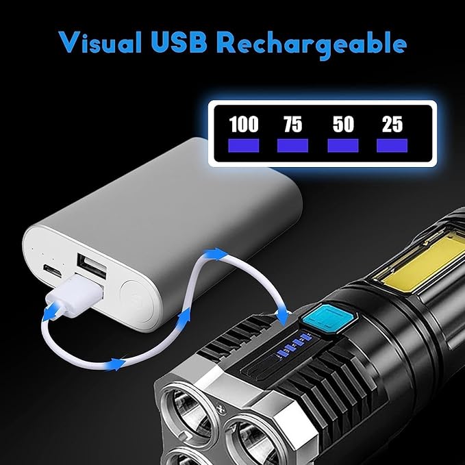 4 in 1 LED Torch Lights Rechargeable Emergency Torch Light 3W USB Charge Flashlight - High Power Long Distance Beam Range 4 Modes Torch for Outdoor, Indoor, Hiking, Walking - SKNCART