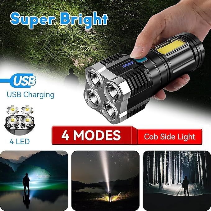 4 in 1 LED Torch Lights Rechargeable Emergency Torch Light 3W USB Charge Flashlight - High Power Long Distance Beam Range 4 Modes Torch for Outdoor, Indoor, Hiking, Walking - SKNCART